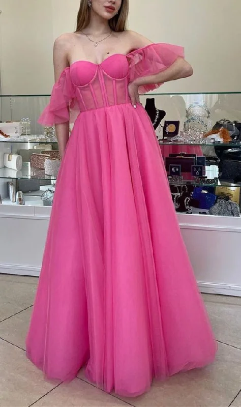 Wardrobe Update Pink Corset Prom Dresses Tulle Off The Shoulder Formal Gown For School Dancing    cg22604