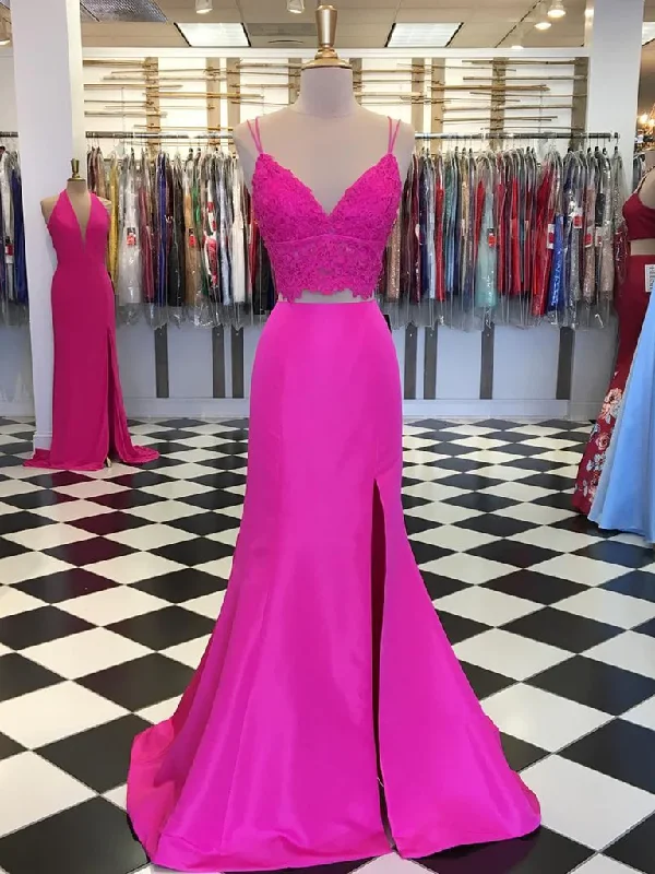 Wardrobe Update Fuchsia V Neck Two Pieces Mermaid Lace Top Satin Long Prom Dress with Slit, Mermaid Lace Fuchsia Formal Graduation Evening Dresses Y1026