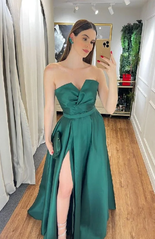 Special Offer Elegant Green V Neck Satin Long Prom Dresses Formal Evening Dresses Y5360