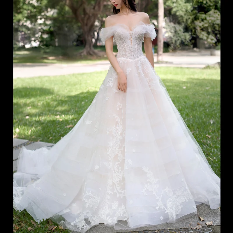 Weekend Special Tulle Off the Shoulder A Line Wedding Dress with Lace Applique