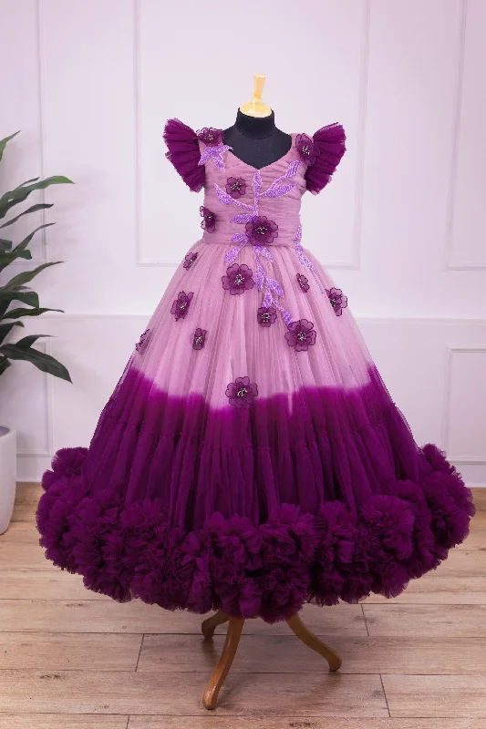 Limited - Edition Drops Pre-Order: Plum purple and onion pink colour gradient heavy frill gown with hand crafted embellishments and frilled sleeves