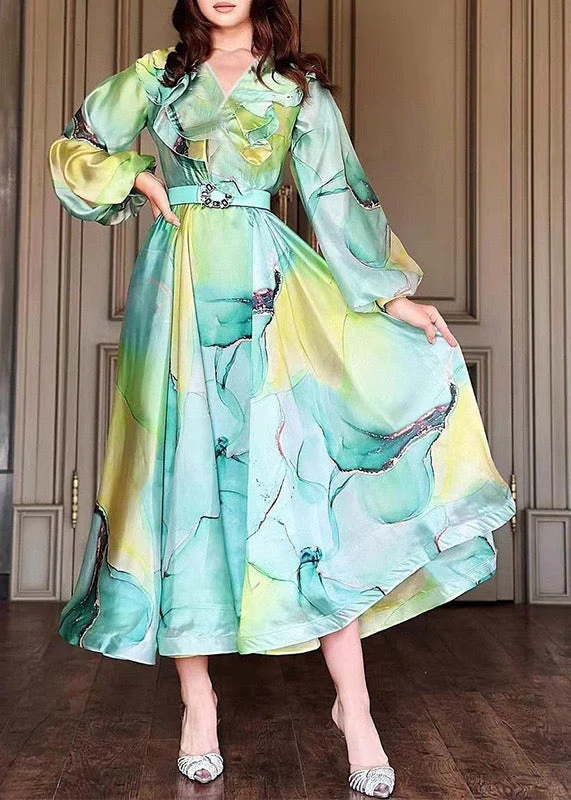 Day-To-Night Styles Boho Green Peter Pan Collar Print Tulle Dress Long Sleeve