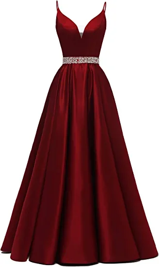 Mid - Week Surprise A-line Spaghetti Straps V Neck Prom Dress,Burgundy Satin Evening Dress Y1272