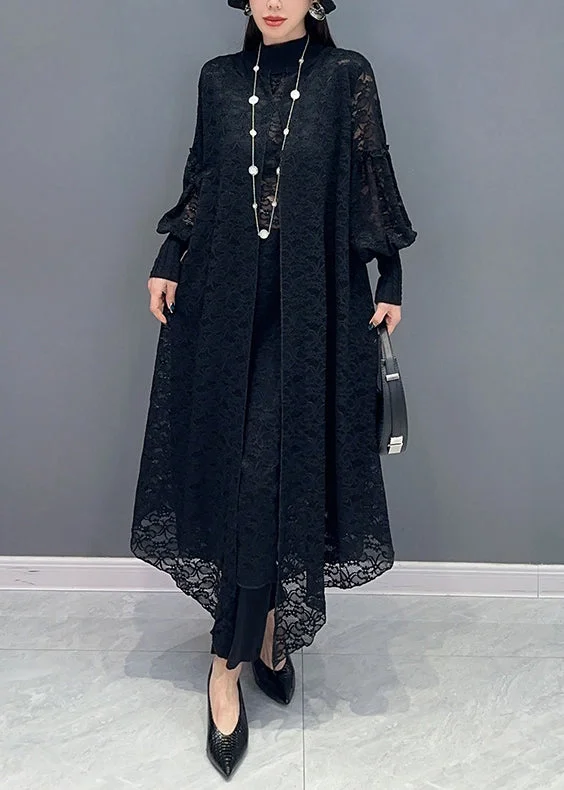 Seasonal Fashion Black Knit Patchwork Lace Long Dress Asymmetrical Long Sleeve