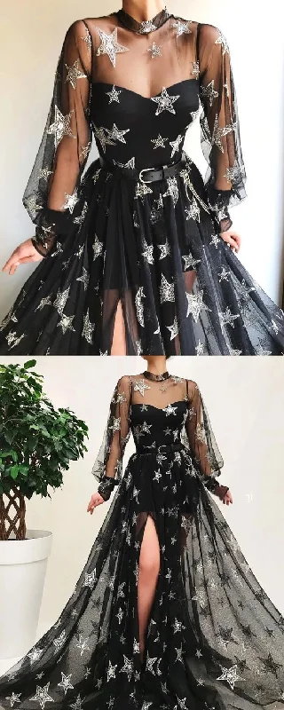 Father'S Day Deals Black High Neck Sparkly Long Sleeve Unique Prom Dress Gorgeous Evening Gowns    cg23529