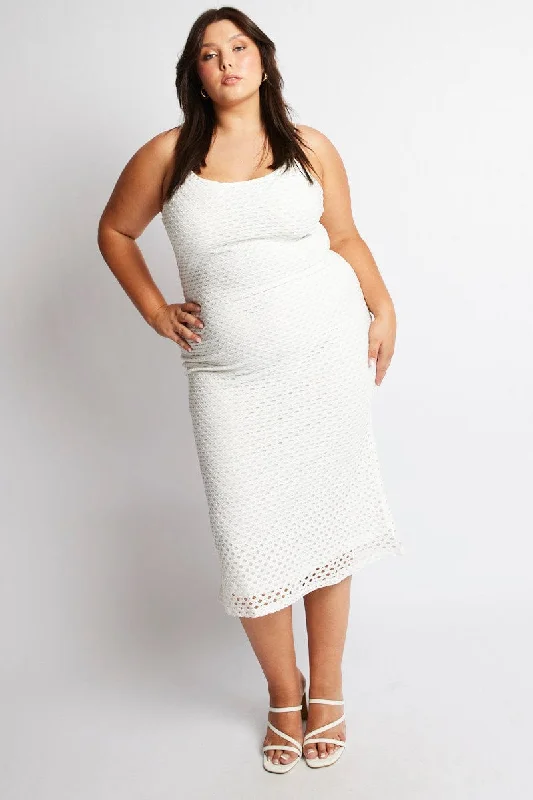 Fashion-Forward White Open Knit Bodycon Maxi Dress