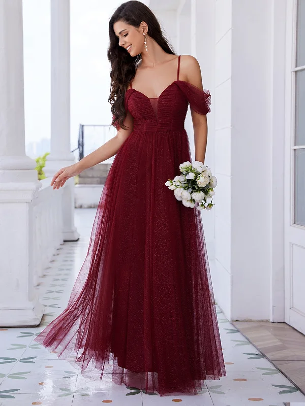 Chic Style Elegant Spaghetti Straps Sweetheart Neckline Pleated Tulle Bridesmaid Dresses with Padded Enough