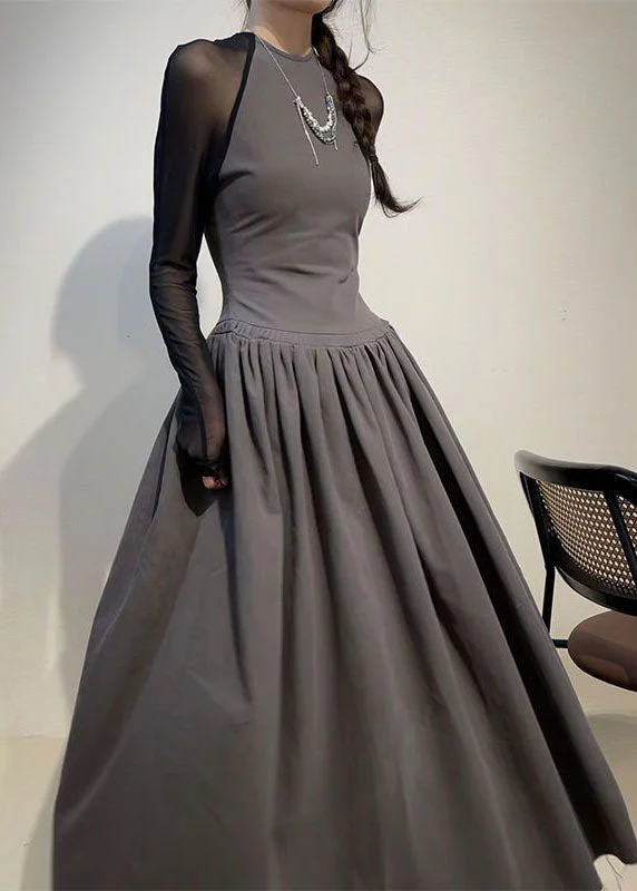 Limited-Time Offer Sexy Grey O-Neck Wrinkled Tulle Patchwork Long Dress Long Sleeve