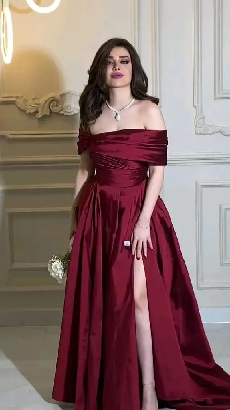 Winter Warm - Up Sale Burgundy Off The Shoulder Satin Long Prom Dress,Formal Gown  Y4618