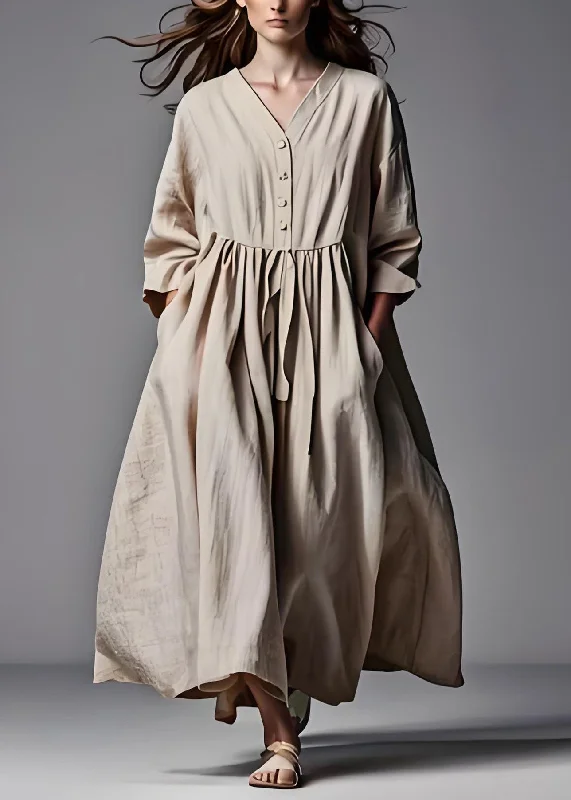 Fashion For Every Occasion Plus Size Beige V Neck Wrinkled Patchwork Cotton Dresses Long Sleeve