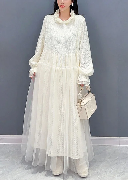 Exclusive Discount Chic White Ruffled Tulle Lace Dresses Long Sleeve