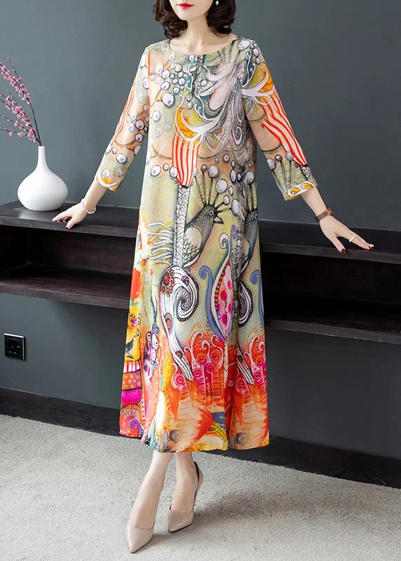 Flash Deals Vintage O-Neck Print Silk Vacation Long Dresses Long Sleeve