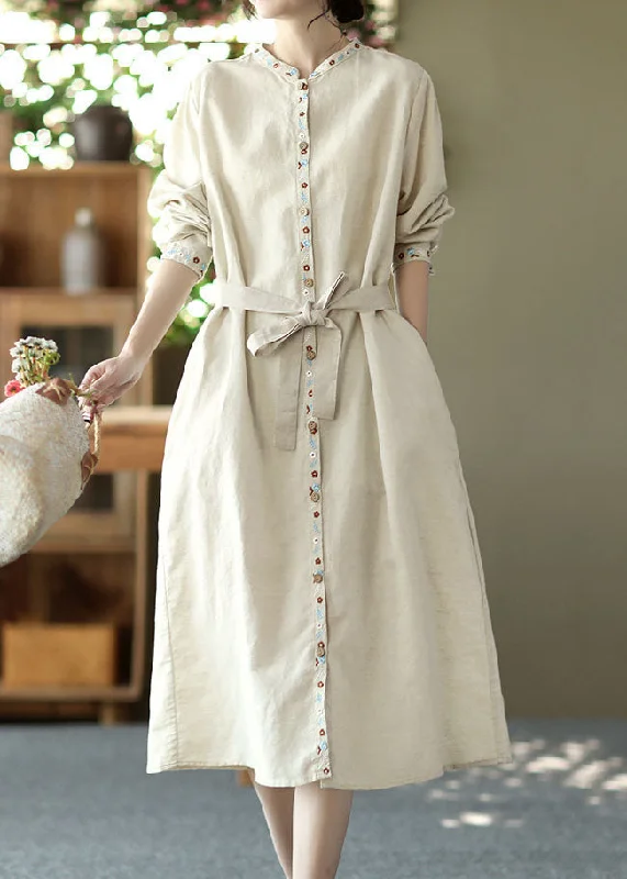 Mid - Week Surprise Linen Colour Pockets Patchwork Linen Long Dress Tie Waist Long Sleeve