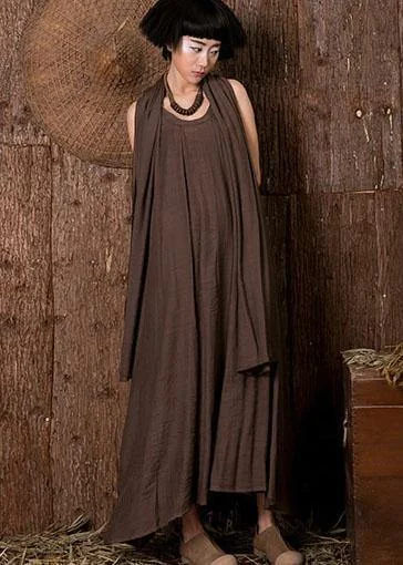 Big Savings On Rustic Countryside Styles Women chocolate linen dresses sleeveless cotton Dresses