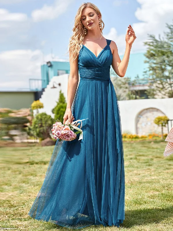 Lighten Up With Nordic Styles Floor Length Sleeveless Wholesale Maxi Bridesmaid Tulle Dresses