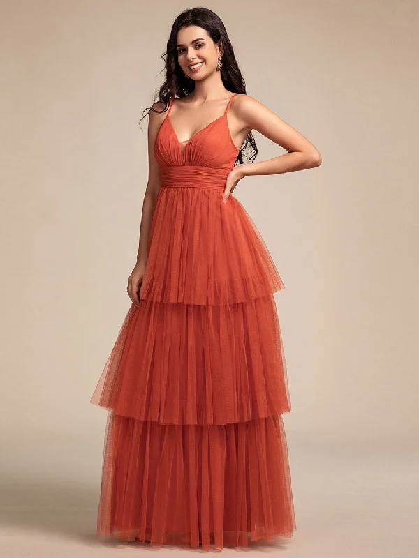 Style Upgrade Romantic V Neck See-Through Cake pleated Bridesmaid Tulle Dresses