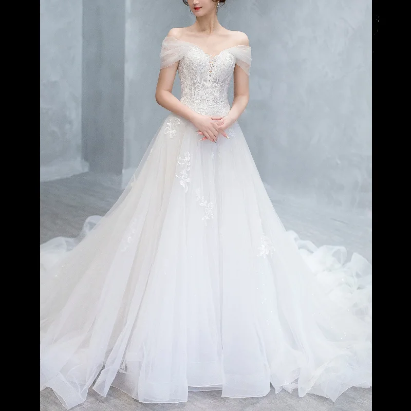 Tropical Island - Inspired Attire Off the Shoulder A-line Tulle Appliqued Lace Wedding Dress