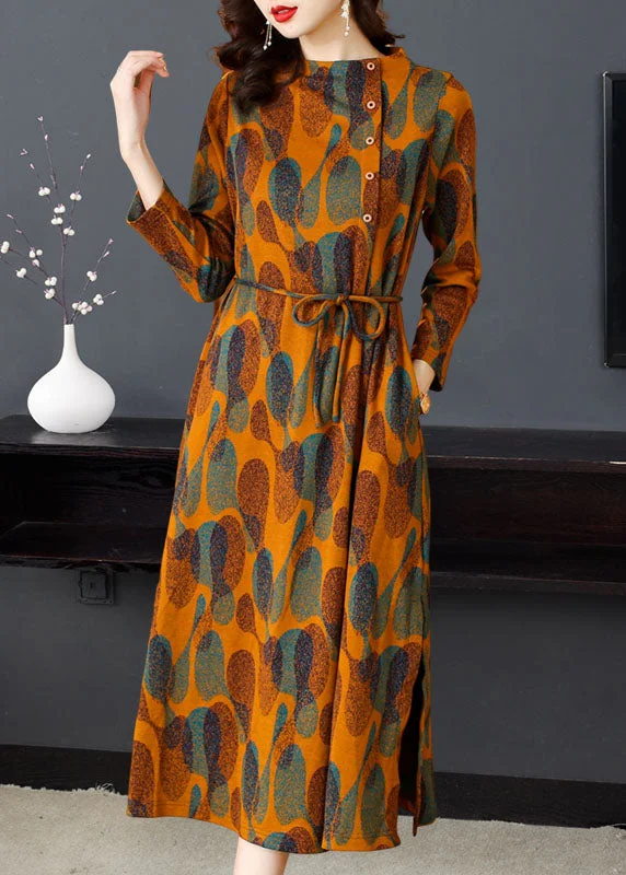 Save On Classic Elegant Styles Fashion Orange Print Tie Waist Long Dresses Long Sleeve