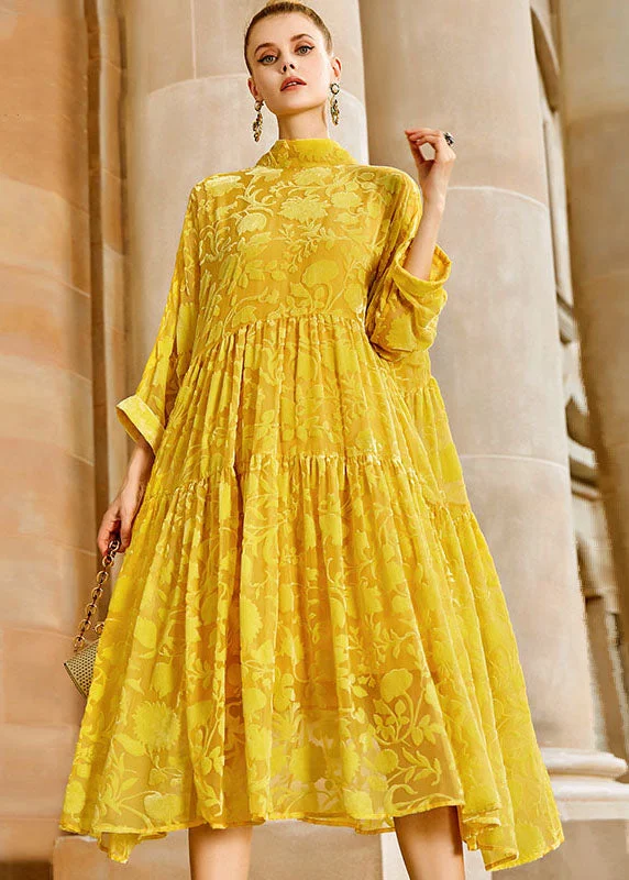 Seasonal Fashion Elegant Yellow Wrinkled Bow Silk Velour Patchwork Long Dress Long Sleeve