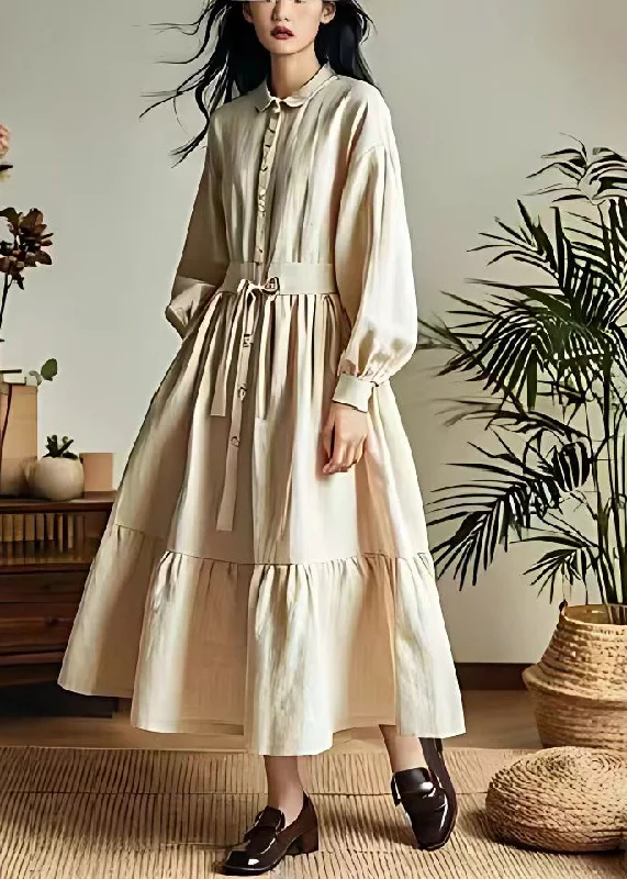 Trend Alert Classy Beige Lace Up Button Wrinkled Cotton Dresses Long Sleeve