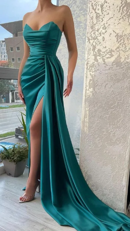 Father'S Day Deals Green Strapless Satin Long Evening Dress Y126