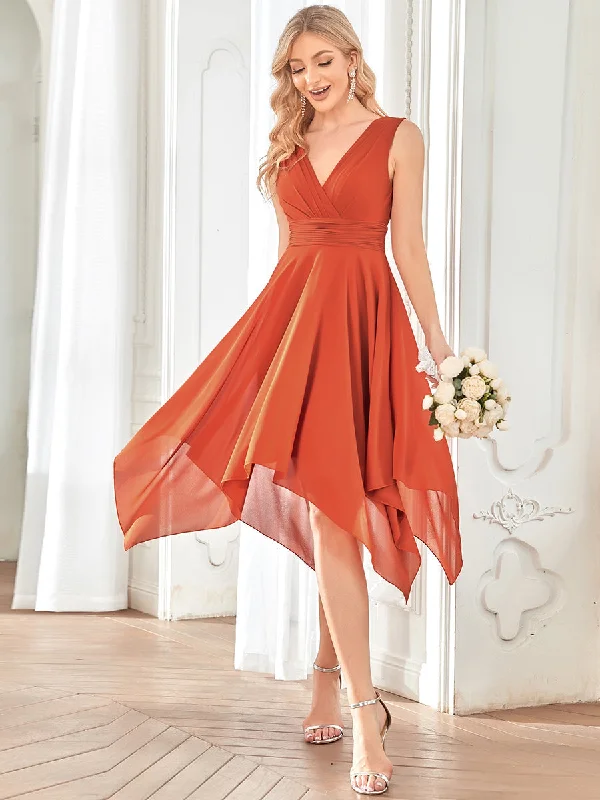 Cottagecore Rustic Charm Style Pretty Wholesale Knee Length Chiffon Bridesmaid Dress with Irregular Hem