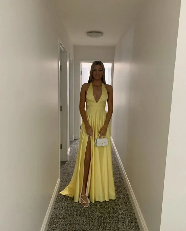 Wardrobe Refresh Modest Yellow Satin Long Evening Dresses with Side Slit Formal Party Dress  Y5217