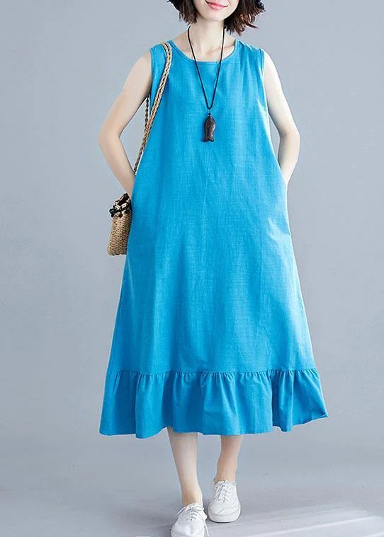 Final Clearance Elegant blue cotton clothes For Women o neck sleeveless A Line summer Dresses