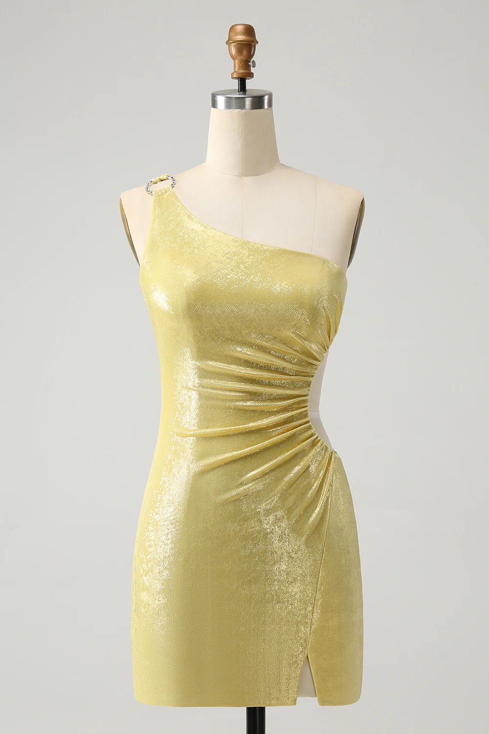 Spring Fashion Amzcw Sparkly Yellow Bodycon One Shoulder Hollow Out Pleated Metallic Homecoming Dress