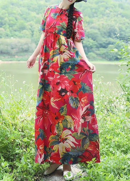 Fashion-Forward Simple red prints linen dress Casual Outfits short sleeveless Love summer Dress