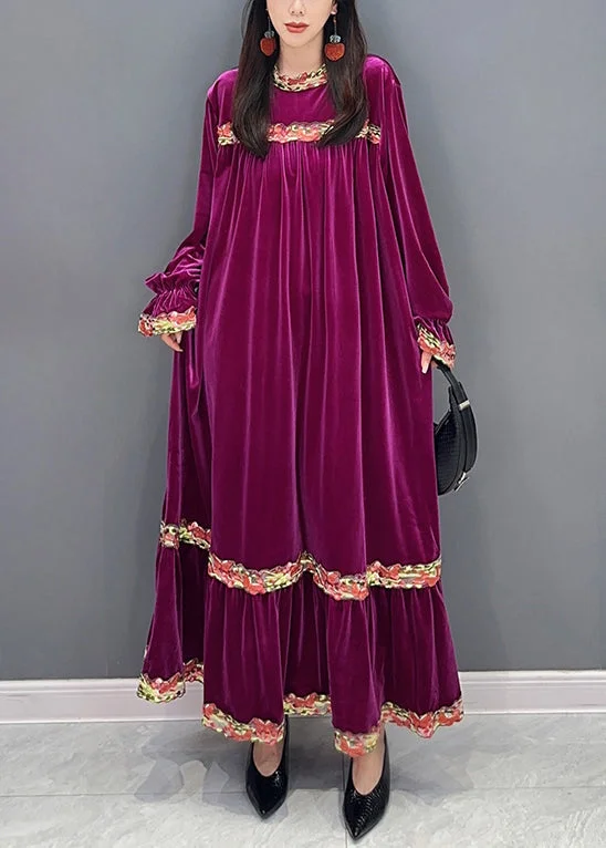 Elegant Style New Purple Wrinkled Patchwork Silk Velvet Long Dresses Long Sleeve