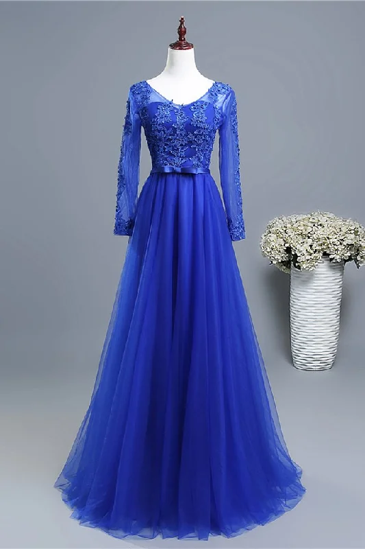 Day-To-Night Styles Royal Blue Long Sleeves Tulle With Lace Applique Formal prom Gown       cg22966