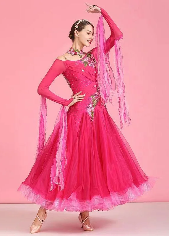 Coastal Beach - Inspired Style Fine Rose Embroideried Zircon Tulle Patchwork Dance Dress Long Sleeve