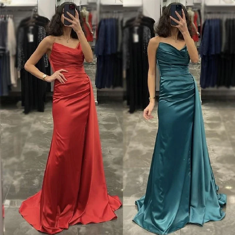 Spring Wardrobe Red And Teal Green Strapless Pleats V-neck Strapless Mermaid Long Bridesmaid Dress, BD3245