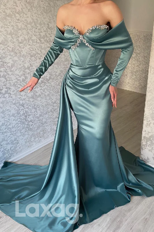 Limited-Time Offer 21769 - Off Shoulder Long Sleeves Beaded Prom Evening Dress