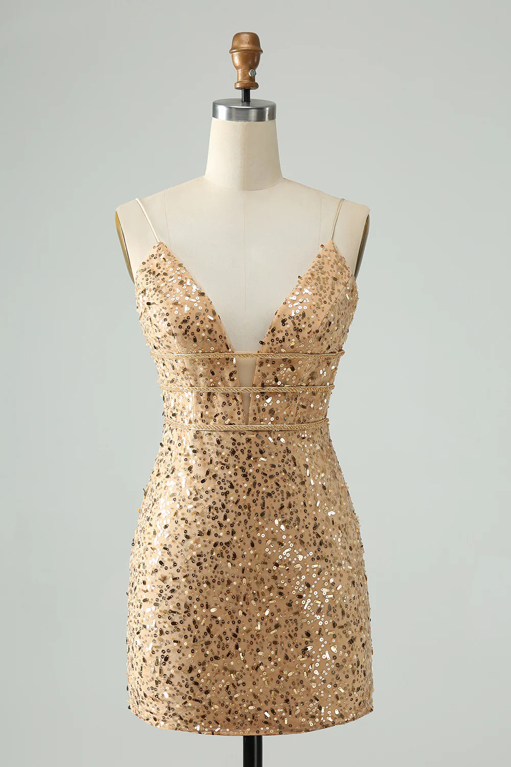 Wardrobe Essentials Amzcw Glitter Golden Bodycon Spaghetti Straps Corset Short Homecoming Dress with Sequins