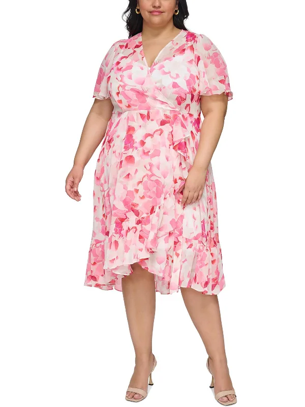 Day-To-Night Styles Plus Womens Floral Midi Wrap Dress