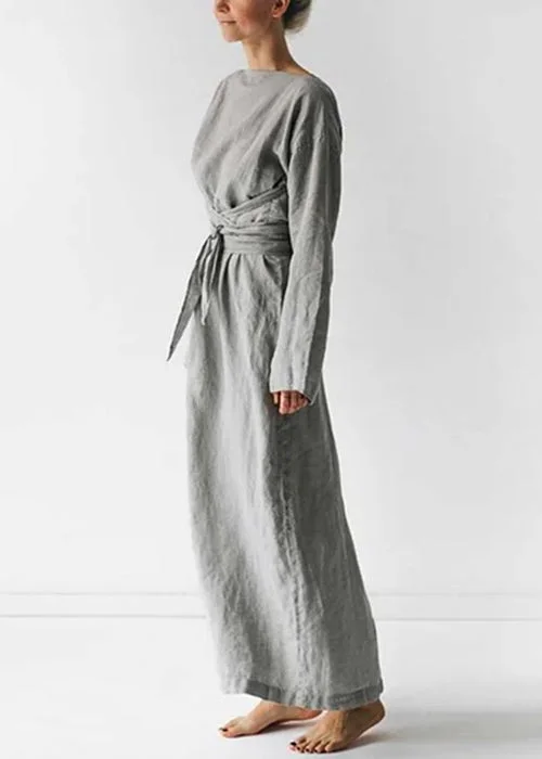 Boho - Chic Festival - Ready Style New Grey Solid Tie Waist Cotton Long Dress Long Sleeve