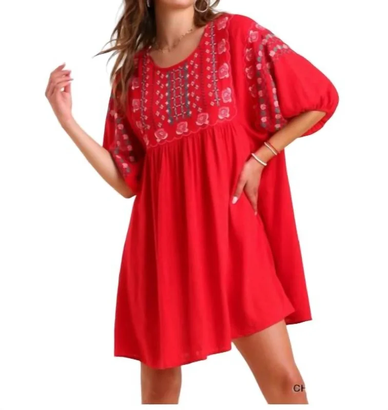 Limited Time Deal Floral Embroidered Dress In Cherry Red