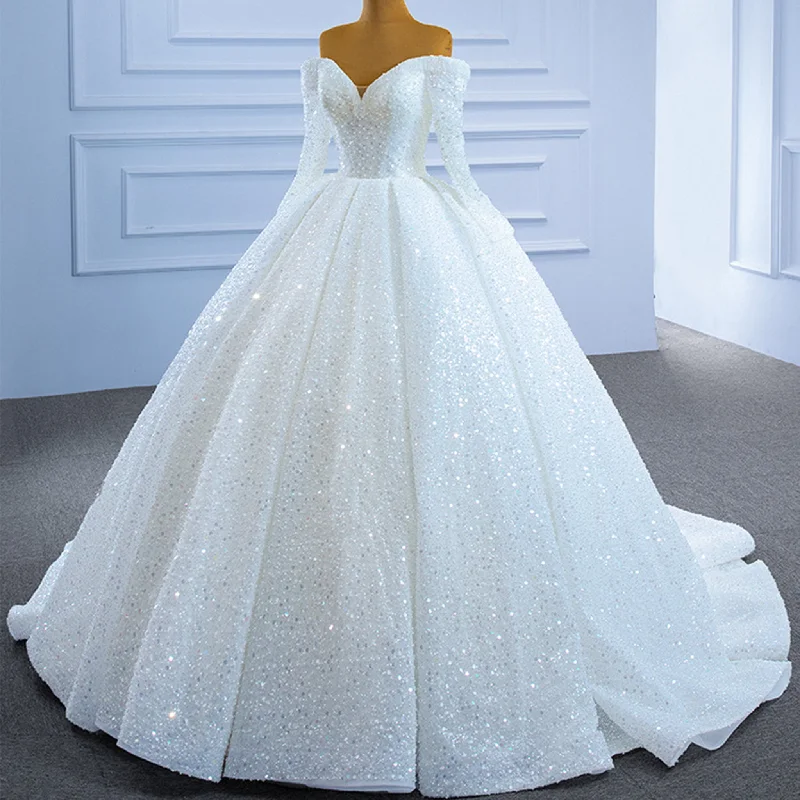 Hot Styles Elegant White Sequins Long Sleeves Ball Gown Bride Wedding Dress