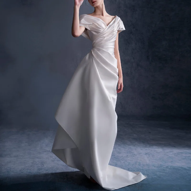 Budget-Friendly Fashion Capped Off Shoulder Crepe Ruched Wedding Dresses