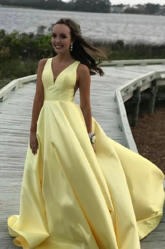 Wardrobe Upgrade Elegant Princess V Neck Yellow Long Prom Dress Pegant Gown   cg13470