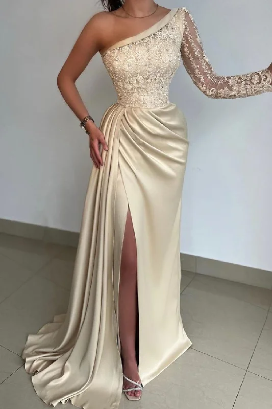 Wardrobe Update Elegant One Shoulder Lace Long Sleeve Satin Prom Dress With Slit Y6636