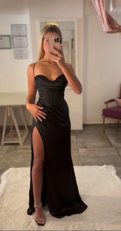 Chic Outfits Trendy Black Satin Sleeveless Corset Slit Evening Dress Y5082