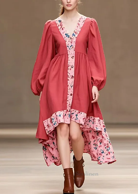 Grab Romantic Date - Night Styles Now French Red Print Low High Design Cotton Dress Long Sleeve