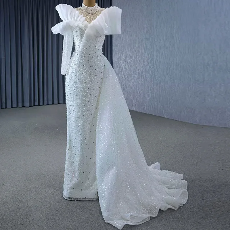 Fashion Deal High-end One Shoulder Long Sleeve Wedding Dress with High Back