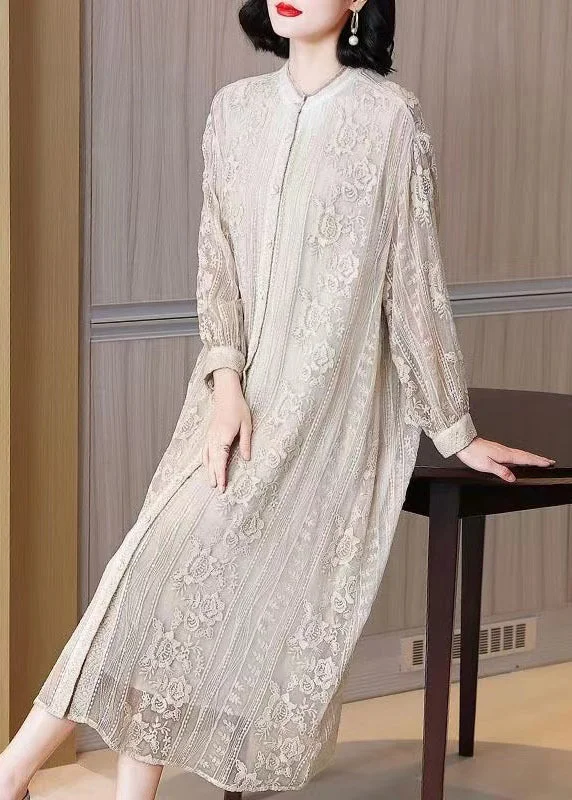 Pastel Styles Elegant Beige Embroidered Button Silk Long Dresses Long Sleeve