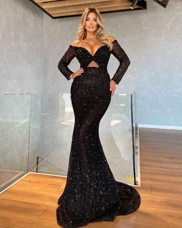 Spring Fashion Long Off Shoulder Black Evening Gown