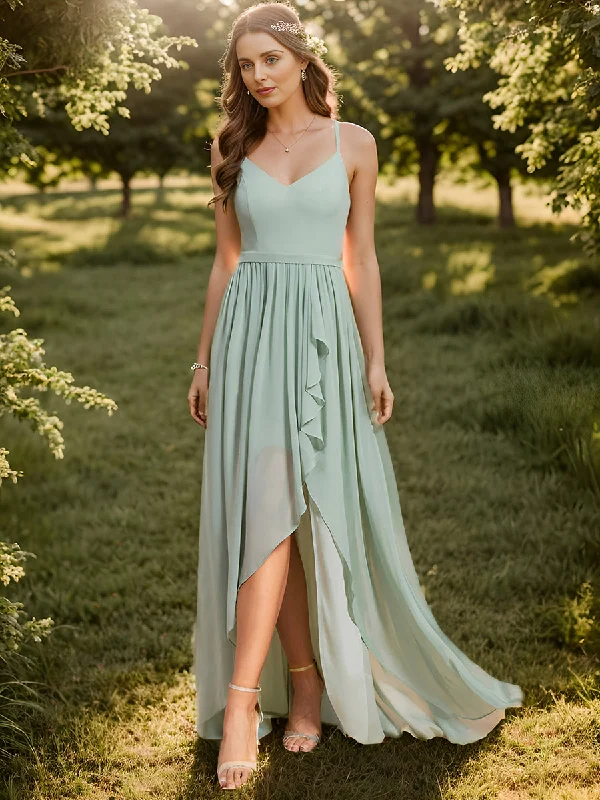 Cool Prices Spaghetti Straps Slit A-Line Wholesale Chiffon Bridesmaid Dress With Ruffle Detail