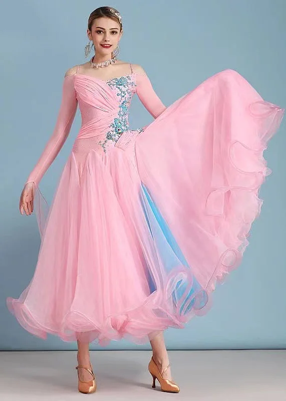 Fashionista Favorites Fitted Pink Embroideried Ruffled Tulle Patchwork Dance Dress Long Sleeve